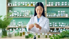 Photorealistic image of a scientific lab with a homeopathic doctor holding natural ingredients. Includes soft green and blue hues for a calming effect.