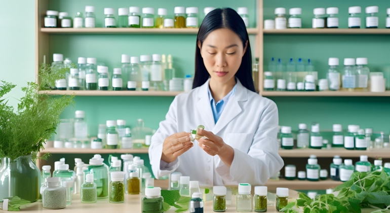 Photorealistic image of a scientific lab with a homeopathic doctor holding natural ingredients. Includes soft green and blue hues for a calming effect.