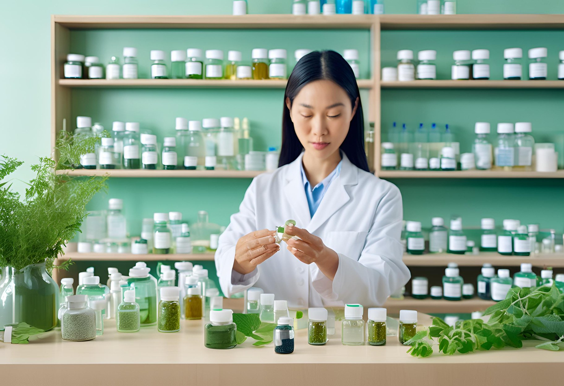 Photorealistic image of a scientific lab with a homeopathic doctor holding natural ingredients. Includes soft green and blue hues for a calming effect.