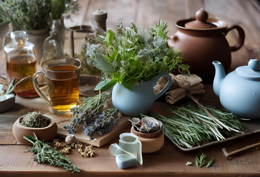 Cozy scene of an array of natural medicinal preparations with winter herbs