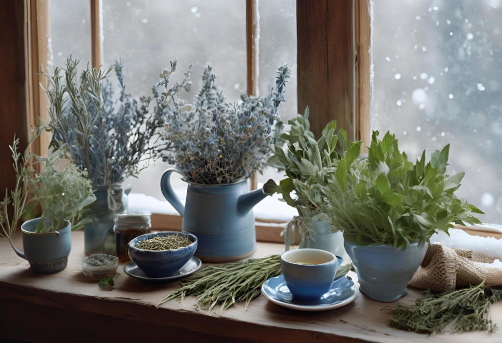 Cozy winter scene with natural teas