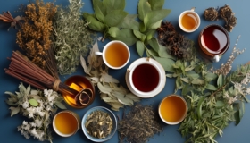 Digital photography of winter herbs and teas, with cozy blue tones.