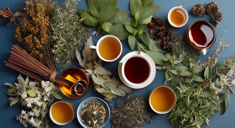 Digital photography of winter herbs and teas, with cozy blue tones.