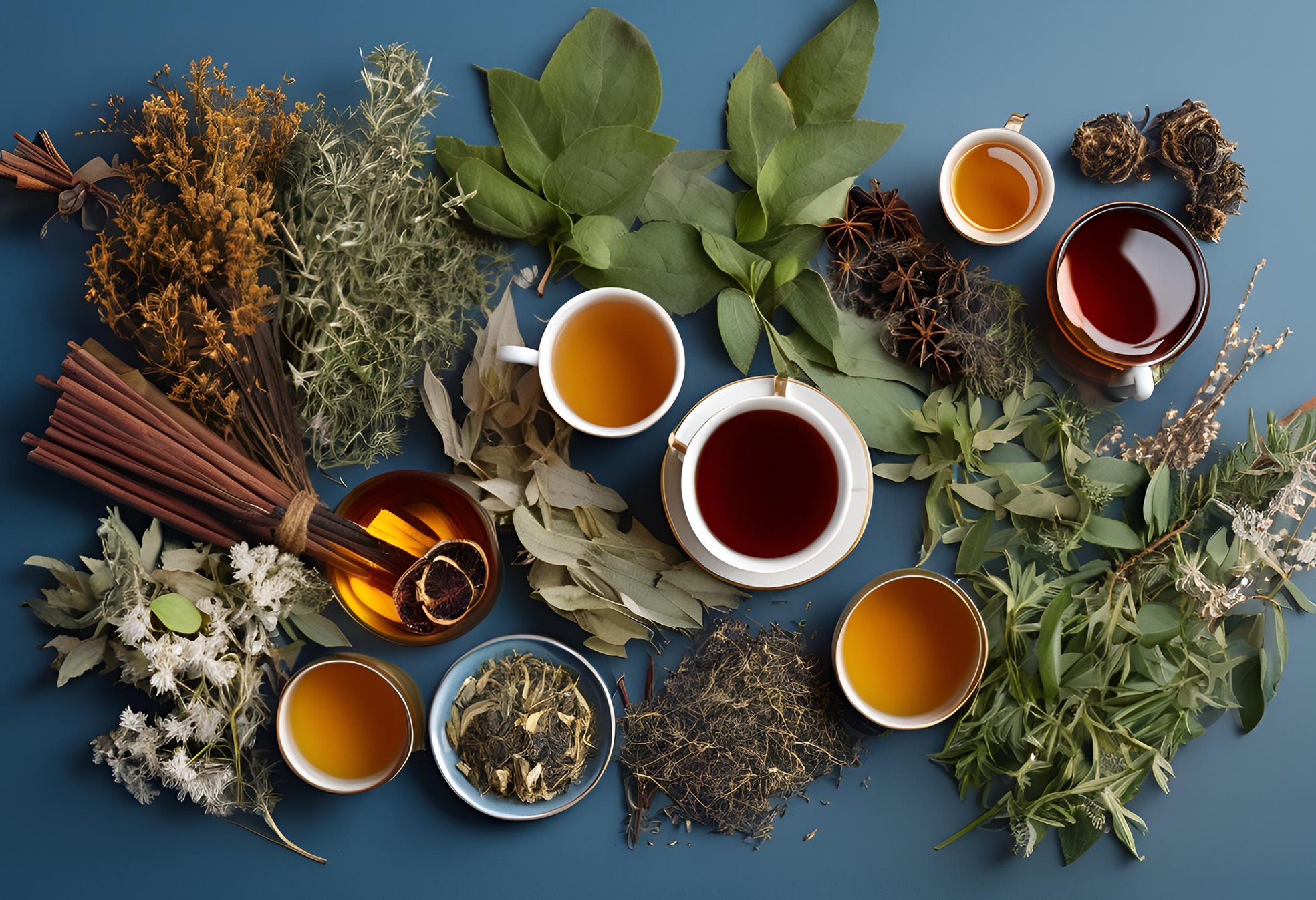 Digital photography of winter herbs and teas, with cozy blue tones.