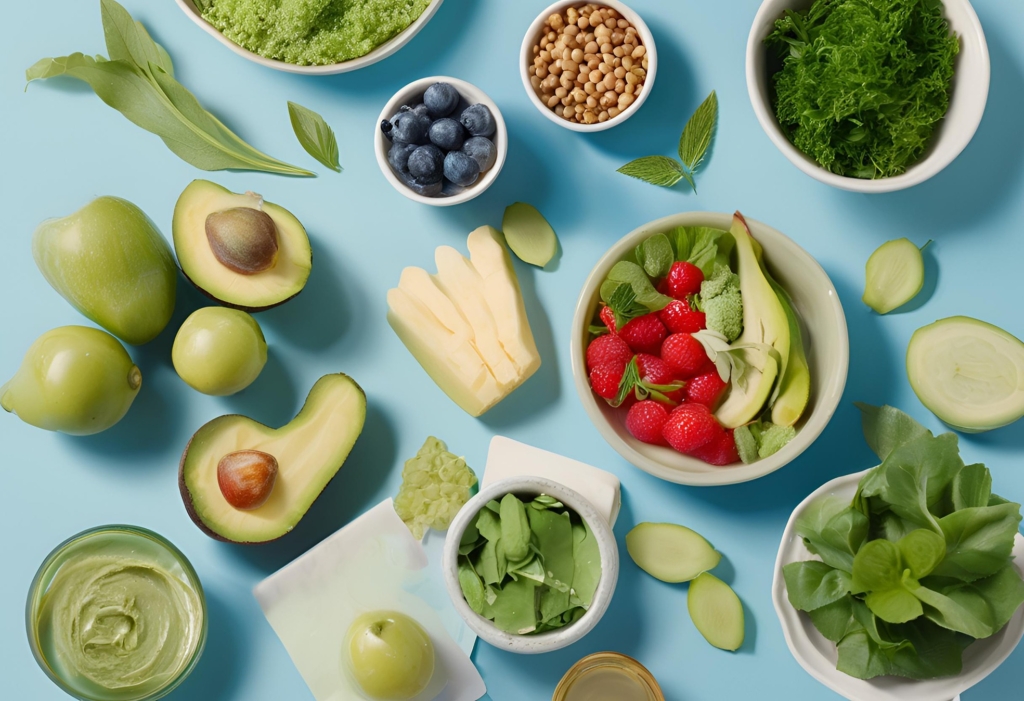 A digital studio setup displaying an array of healthy foods arranged to support gut health