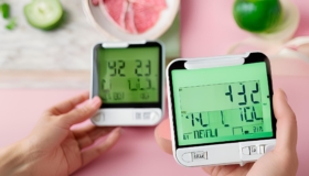 Digital photography of suggested healthy lifestyle choices based on visible blood-sugar readings for diabetes anagement with a focus on greens and creams.