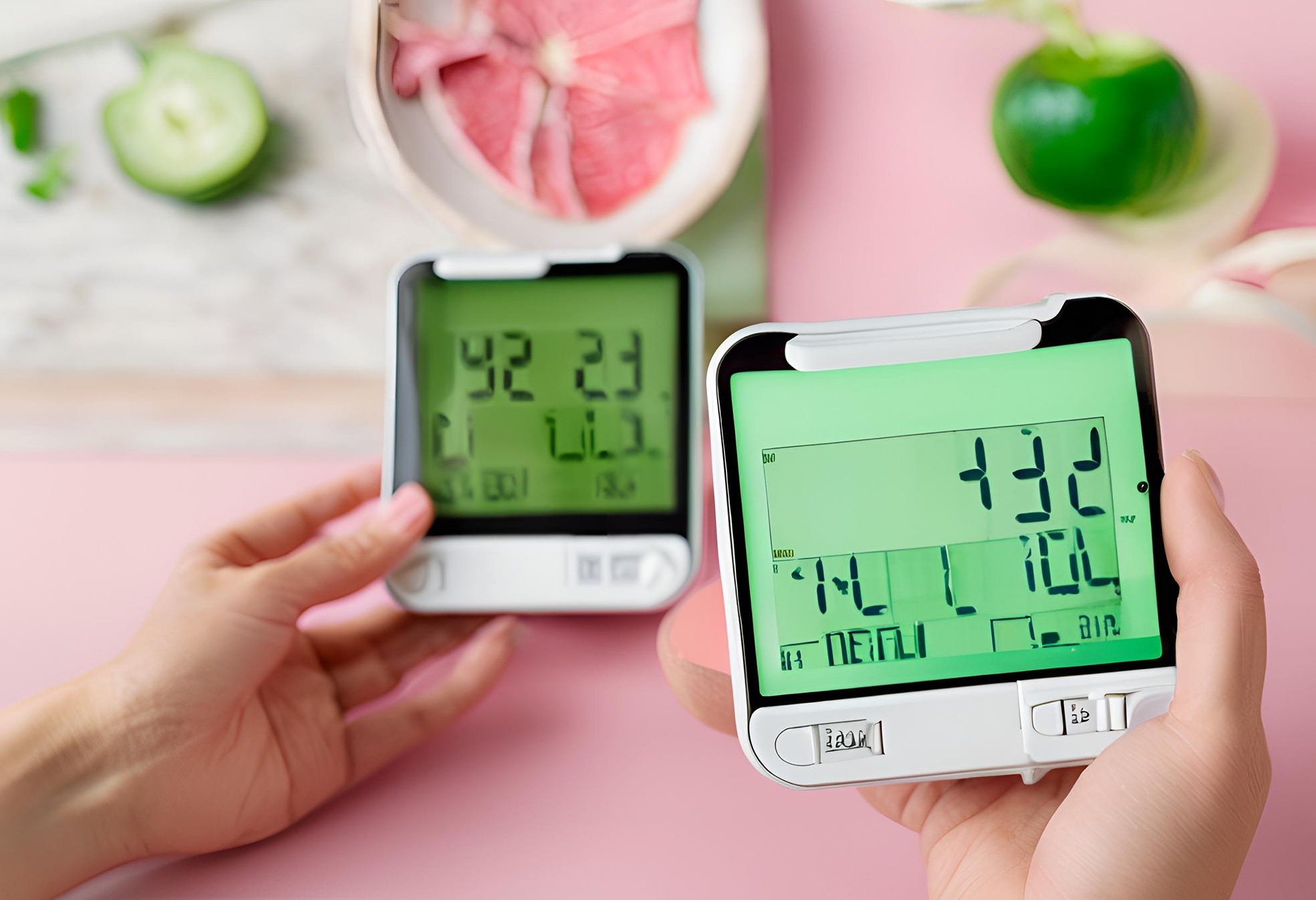 Digital photography of suggested healthy lifestyle choices based on visible blood-sugar readings for diabetes anagement with a focus on greens and creams.