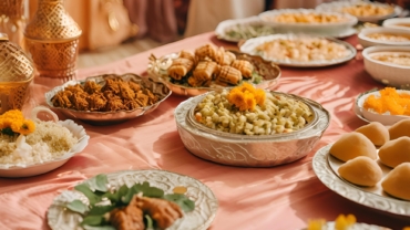 Digital photography of a family table, depicting them celebrating Eid with wellness elements, using warm tones signifying health with homeopathy.