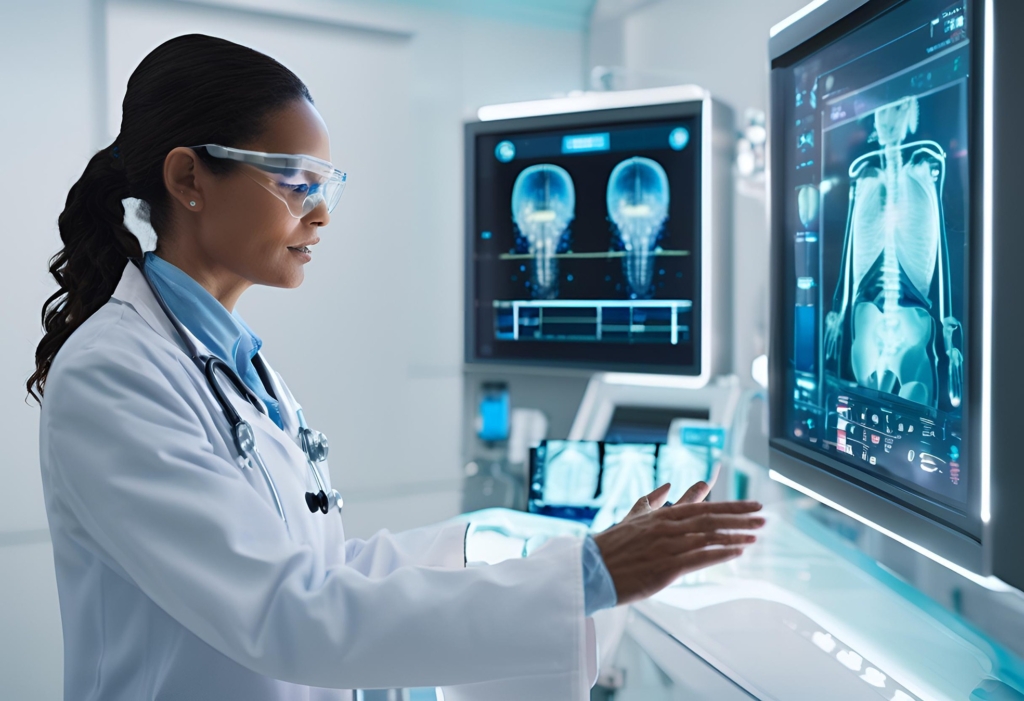 Futuristic clinic setup with tech integration visualising the use of artificial intelligence in modern medicine
