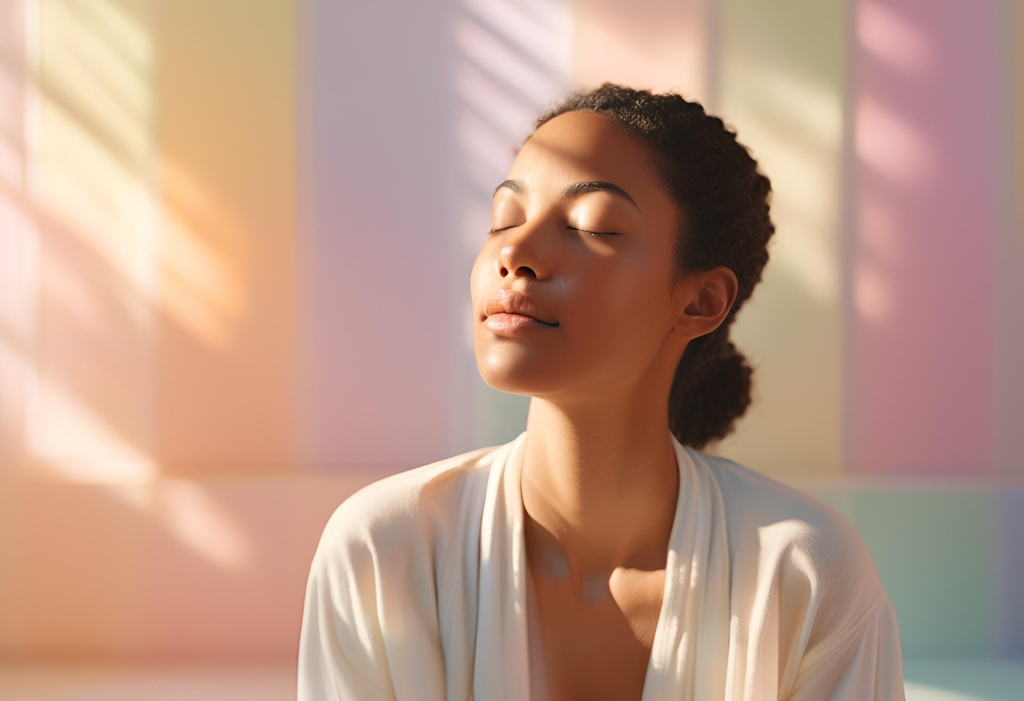 Serene woman meditating for menopause relief