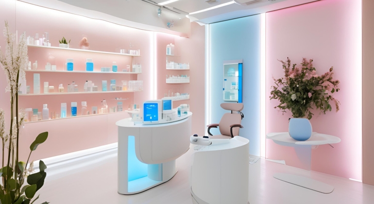 Studio image of a futuristic clinic using homeopathic remedies, with pale blue and pink accents.