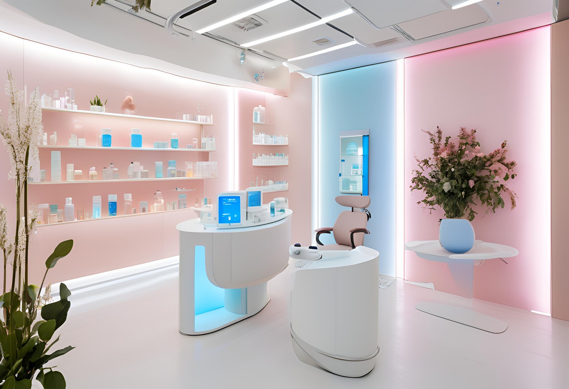 Studio image of a futuristic clinic using homeopathic remedies, with pale blue and pink accents.