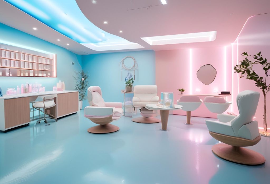 Studio image of a futuristic clinic using homeopathic remedies and showcasing modern medicine, with pale blue and pink accents.