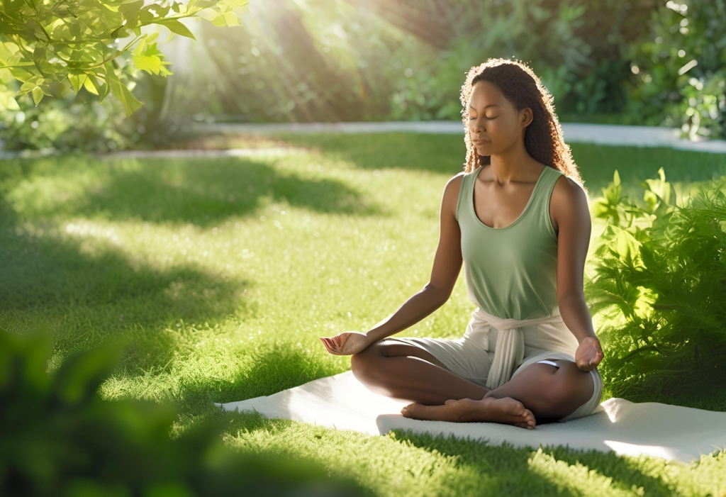 Person practicing deep breathing outdoors.