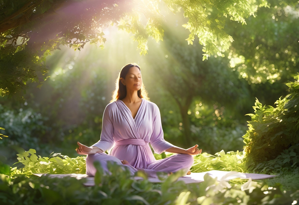 Photorealistic image of a serene meditation scene with soft greenery, incorporating light and dark green tones.