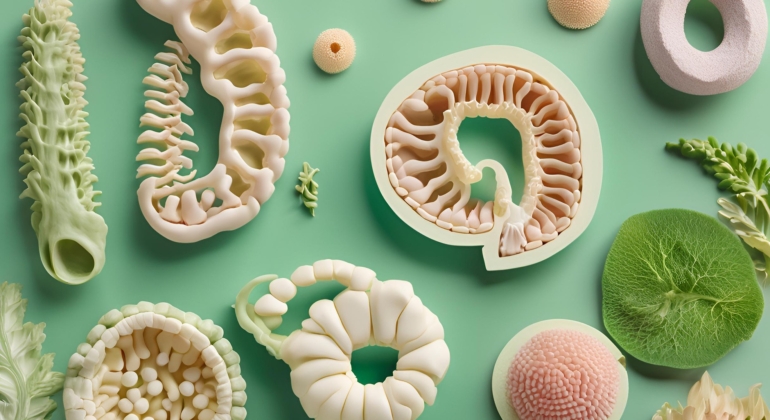 Close-up of natural herbs and remedies for gut health, with an anatomic representation of the human gut with pastel backgrounds, focusing on greens and creams.