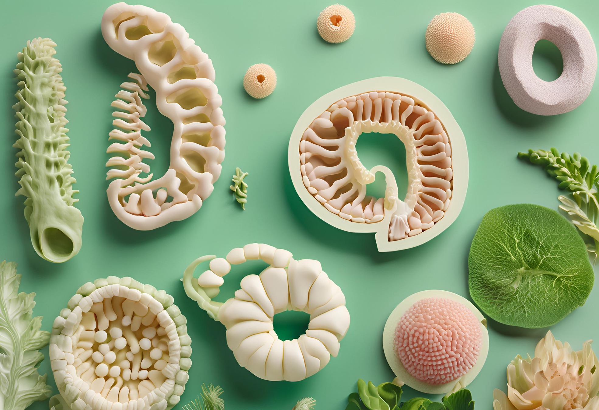 Close-up of natural herbs and remedies for gut health, with an anatomic representation of the human gut with pastel backgrounds, focusing on greens and creams.