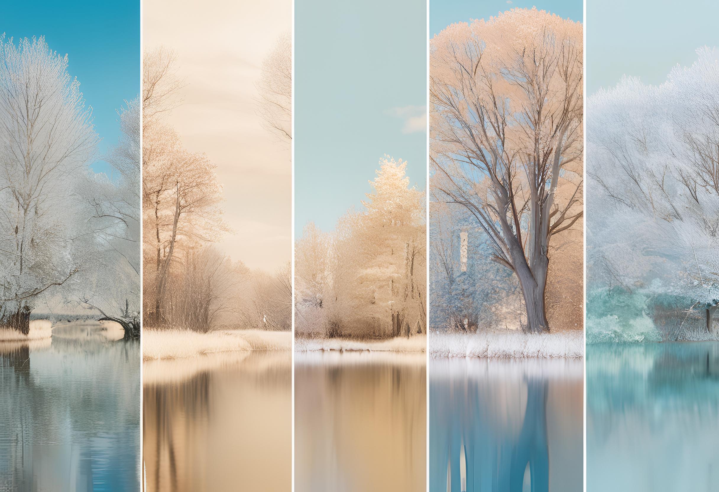 Cozy winter scene with natural elements, depicting icy rivers, surrounded by withered out trees.