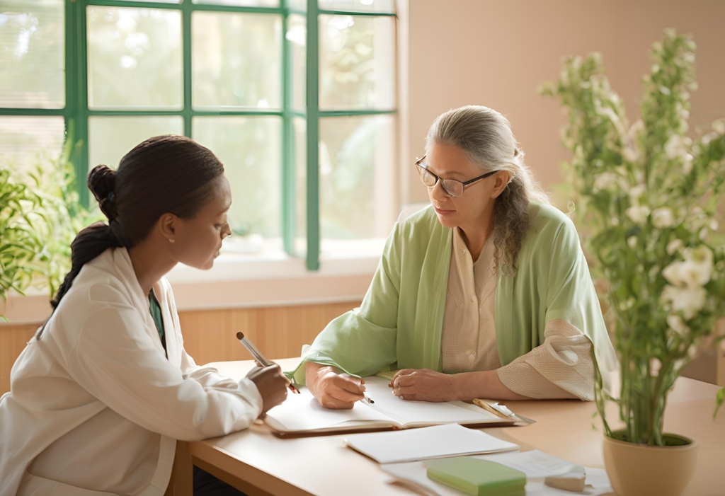 Doctor consulting a  patient's relative for prostate health care solutions through homeopathy. The patient in case is displaying symptoms of Benign Prostatic Hyperplasia (BPH).